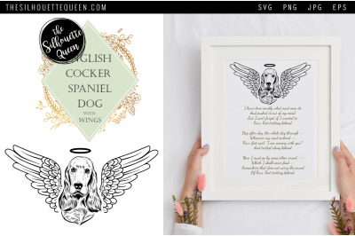 RIP English Cocker Spaniel Dog with Angel Wings SVG, Memorial Vector