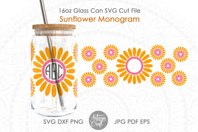 Can Glass SVG&2C; Sunflower monogram&2C; Can Glass Wrap&2C; 16oz glass can PNG