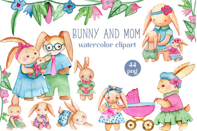 Bunny and Mom watercolor clipart set