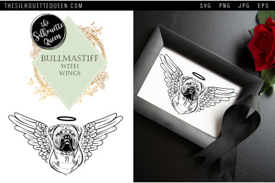 RIP Bullmastiff Dog with Angel Wings SVG, Memorial Vector