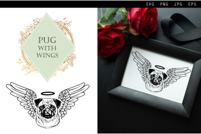 RIP Pug Dog with Angel Wings SVG, Memorial Vector, Sympathy Svg