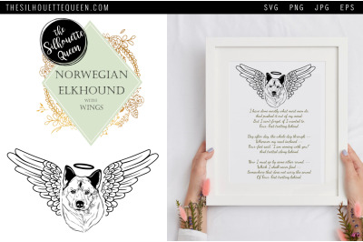 RIP Norwegian Elkhound Dog with Angel Wings SVG, Memorial Vector