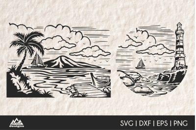 Seascape Beach Palm tree Boat Lighthouse Decals Svg Design
