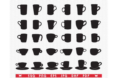 SVG Cups, Mugs, Black isolated Silhouettes, Digital clipart