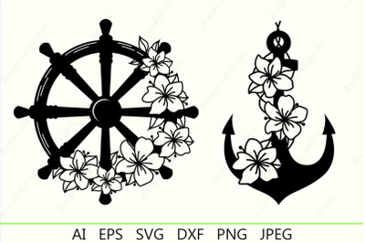 Floral anchor and ship wheel silhouette monogram svg