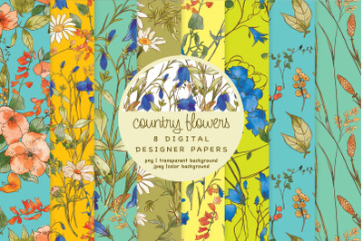 Watercolor Country Flowers Seamless Pattern Set