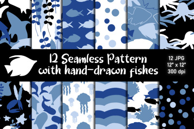 12 Fish Seamless Pattern. Underwater Patterns. Fish Background.