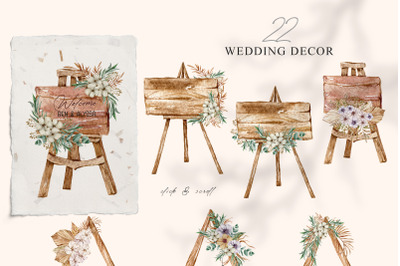 Watercolor boho wedding floral decor clipart - 22 png files