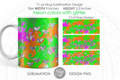 Mug sublimation design, neon color, silver glitter, 11oz mug wrap