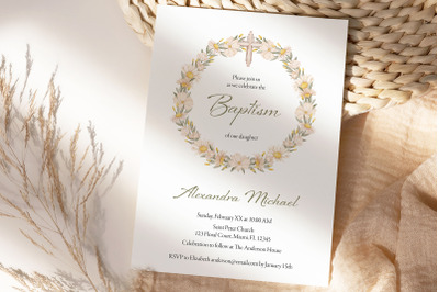 Baptism Invite Card Template Floral Wreath Cross