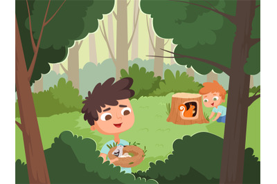 Boys in forest. Wildlife adventures, teens with animals on nature. Bir