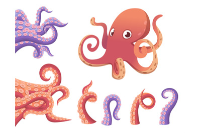 Cartoon octopus tentacles. Cute isolated octopus characters, colorful