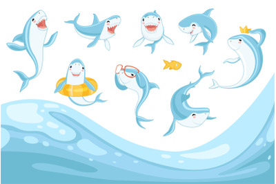 Cartoon shark. Cute fun sharks, ocean sea wave and wildlife. Underwate