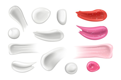 Cream cosmetic smears. White creamy and lipstick elements. Isolated ge