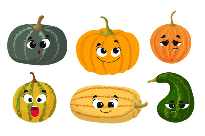 Cute cartoon pumpkin. Harvest time, fresh farm vegetables. Pumpkins co