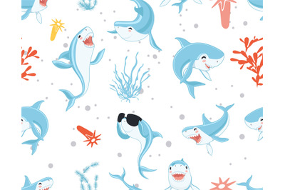 Cute sharks pattern. Funny cartoon shark, seaweed print. Sea wildlife,