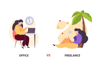 Freelance vs office work. Woman with laptop in diverce location vector