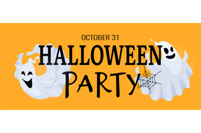 Halloween party banner. Cute scary ghost and black cobweb. Cartoon spo