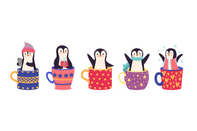 Happy penguins in cup. Christmas penguin, new year stickers. Cartoon w