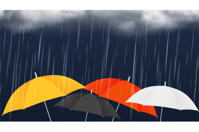 Monsoon sale banner. Colorful umbrellas and rainy clouds. Autumn rain