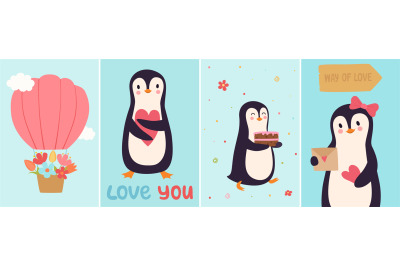 Penguin cards. Cute cartoon penguins in love&2C; birthday celebration ban