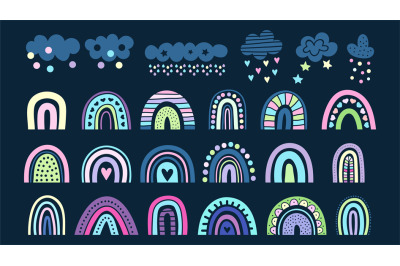 Rainbow collection. Clouds&2C; colorful rainbows in scandinavian style. C