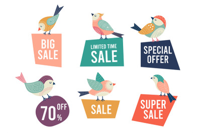 Sale banners and doodle birds. Bird holding discount cards, ethnic boh