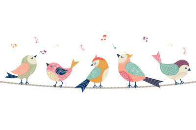 Singing birds banner. Abstract folk bird sitting on rope. Isolated dec