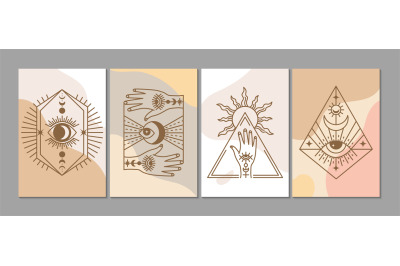 Stylish esoteric cards. Mystical line elements, modern art banners tem