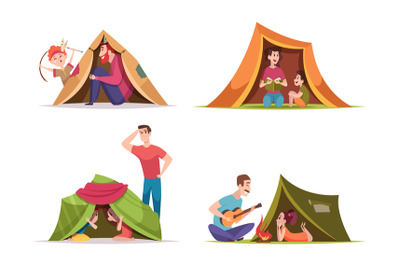 Kids tent. Children with parents playing family happy time mother and