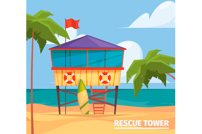 Lifeguard buildings. Seaside background with guard professional wooden