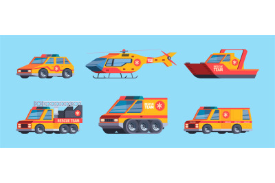 Rescue cars. Lifeguard technics emergency vehicles and helicopters par