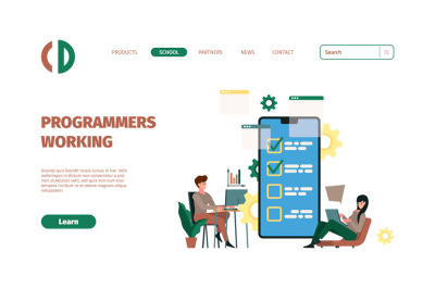 Programmers landing. Digital designers working on laptop coders writin