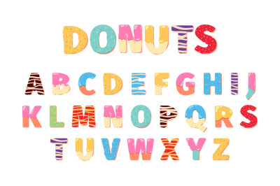 Donuts alphabet. Attraction funny text letters food cake lettering 3d