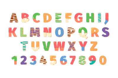 Donuts alphabet letters. Food symbols text funny icons numbers and let