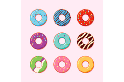 Donuts collection. Dessert foods for coffee time breakfast chocolate s