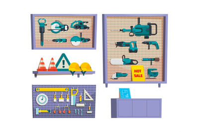 Construction tools. Repair kit shelves stores with construction items