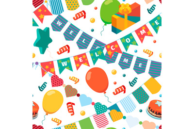 Colored bunting flags pattern. Kids birthday party celebration items e