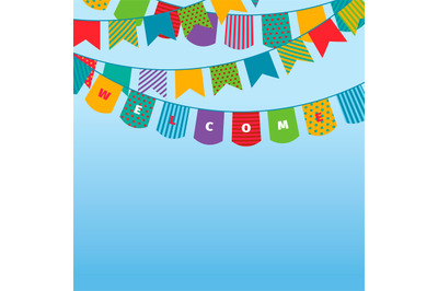 Bunting flags background. Celebration colored decoration buntings coll