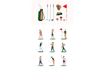 Golf characters. Sport healthy activities white ball red flag hit stic