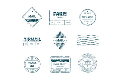 Postal stamp. Grunge post templates vintage blank tags stripped lines