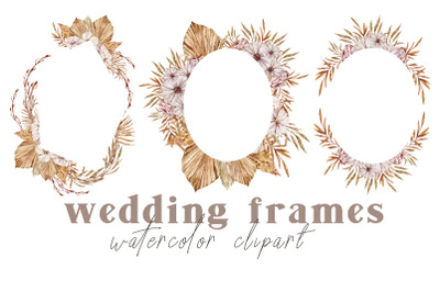 Watercolor wedding floral boho frames clipart- 3 png files