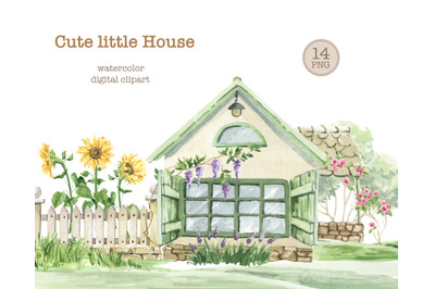 Watercolor wooden House Clipart. Summer Country House with sunflowers.