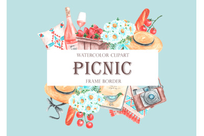 Picnic frame. Summer picnic watercolor clipart. Picnic invitation.