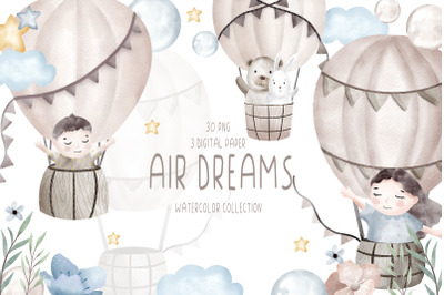Watercolor hot air balloon clipart and digital paper PNG