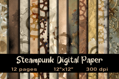 12 Vintage Digital Paper with Steampunk Gears.