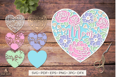 3d mom Floral heart | Mom layered papercut Mothers day card