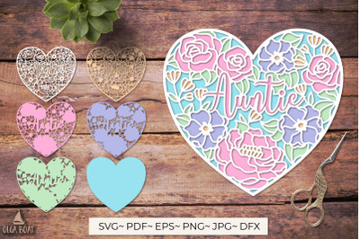 3d Auntie Floral heart | Birthday card aunt papercut card