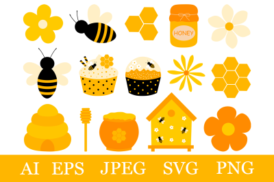 Bees clipart. Bees Honey bundle SVG. Bees flowers graphic