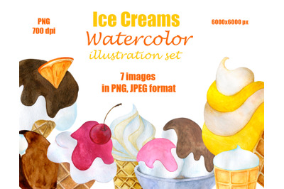Set of watercolor illustrations of ice cream.